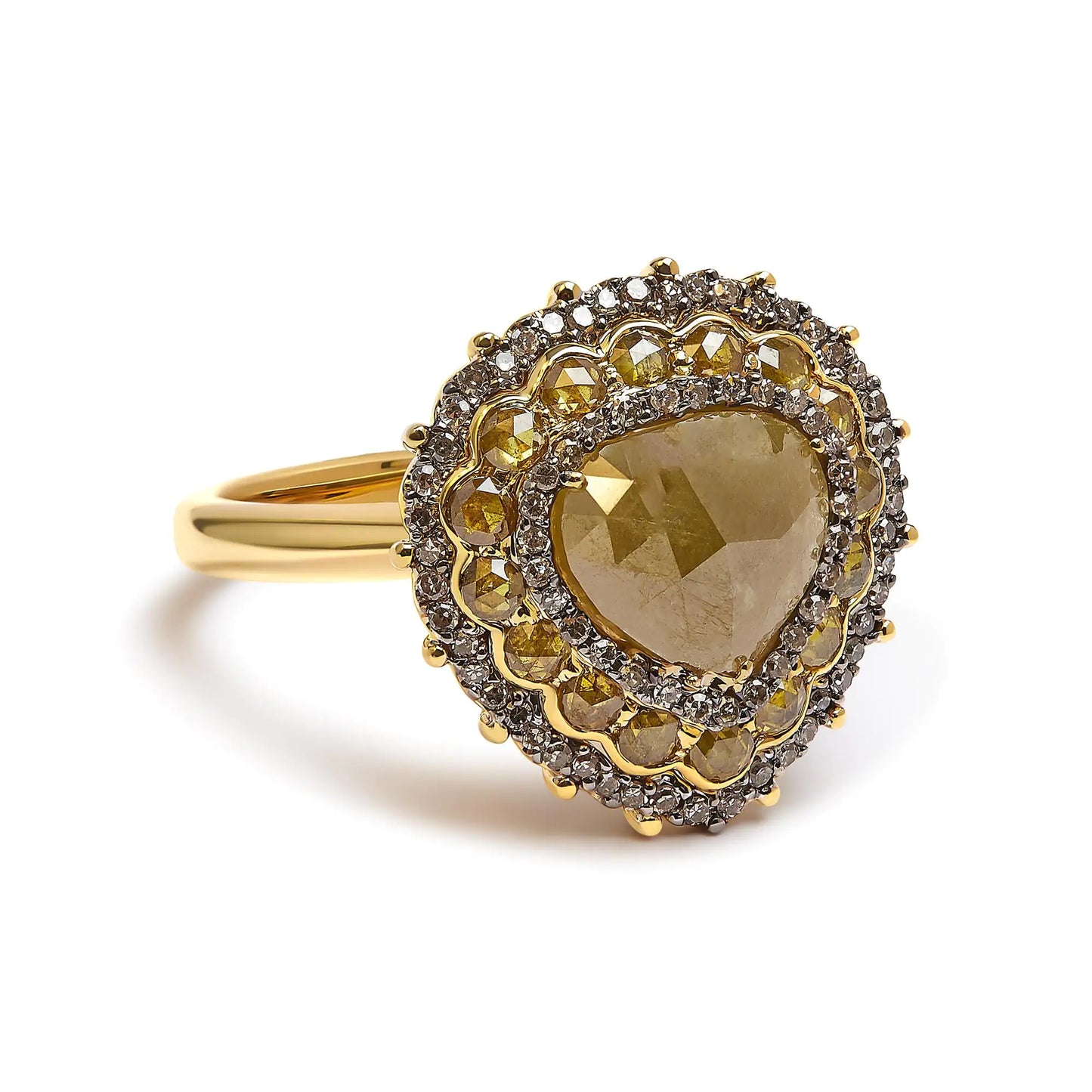 Anillo de cóctel de oro amarillo de 14 quilates con halo de diamantes blancos y talla rosa amarilla de 3,00 quilates (color amarillo/IJ, claridad I1-I2) - Talla 7