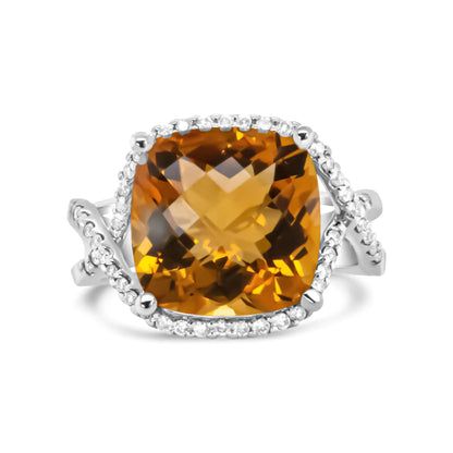 14K White Gold 12mm Cushion Cut Yellow Citrine Gemstone and 1/3 Cttw Round Pave-Set Diamond Ring - (H-I Color, VS1-VS2 Clarity)