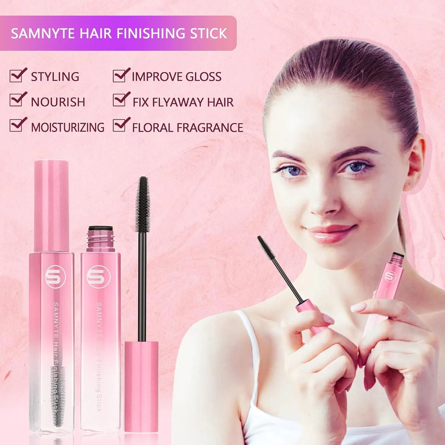 Juukseviimistluspulk, 2tk Juukseripsmetušš Flyaway Tamerile, Fly Away Hair Tamer Stick juuste läike suurendamiseks, Kortsumisvastane Katkised juuksed Baby Hair Flash Moment Flyaway Stick, Mitterasvane (roosa) Samnyte 0,35 Fl Oz (2 tk) Roosa