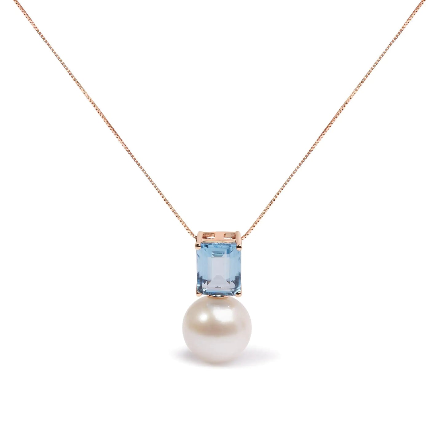 14K Rose Gold 11MM Cultured Freshwater Pearl and 9x7mm Octagon Swiss Blue Topaz Pendant Necklace - 18" Inches