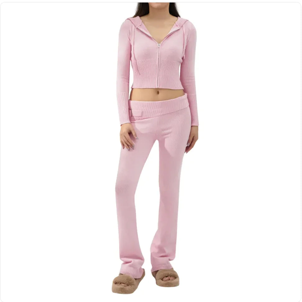 Conjunto de dos piezas de punto con capucha para mujer: cárdigan de manga larga y pantalón de cintura alta