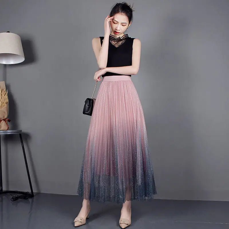High - Waisted Pleated Skirt with Gradient Mesh Design - Catch Cards
