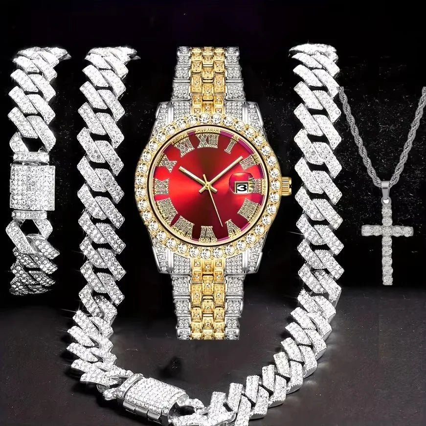 Hip Hop Jewelry Set – Bracelet, Necklace & Diamond Watch - Catch Cards