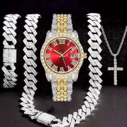 Hip Hop Jewelry Set – Bracelet, Necklace & Diamond Watch - Catch Cards