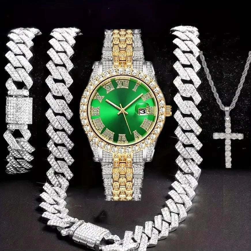 Hip Hop Jewelry Set – Bracelet, Necklace & Diamond Watch - Catch Cards