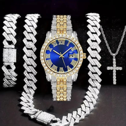 Hip Hop Jewelry Set – Bracelet, Necklace & Diamond Watch - Catch Cards
