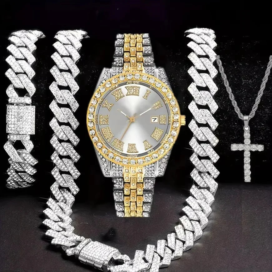 Hip Hop Jewelry Set – Bracelet, Necklace & Diamond Watch - Catch Cards