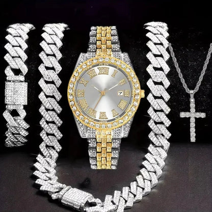 Hip Hop Jewelry Set – Bracelet, Necklace & Diamond Watch - Catch Cards