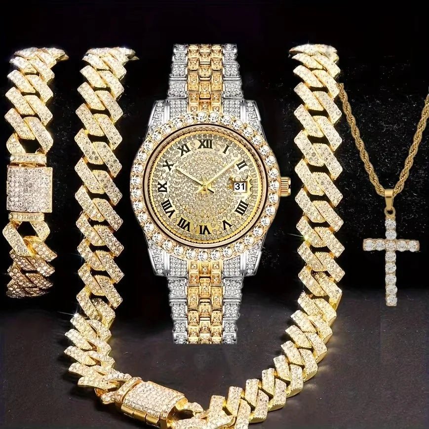 Hip Hop Jewelry Set – Bracelet, Necklace & Diamond Watch - Catch Cards