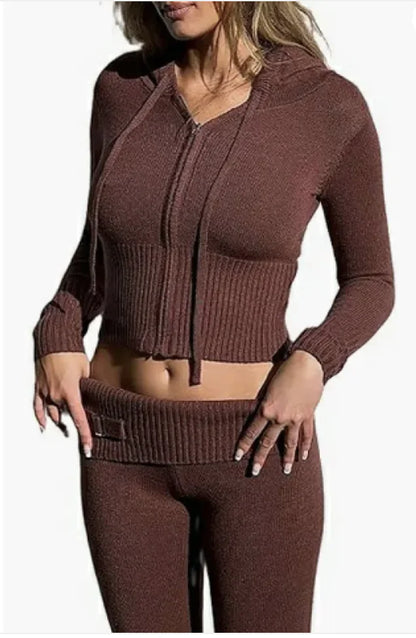 Conjunto de dos piezas de punto con capucha para mujer: cárdigan de manga larga y pantalón de cintura alta