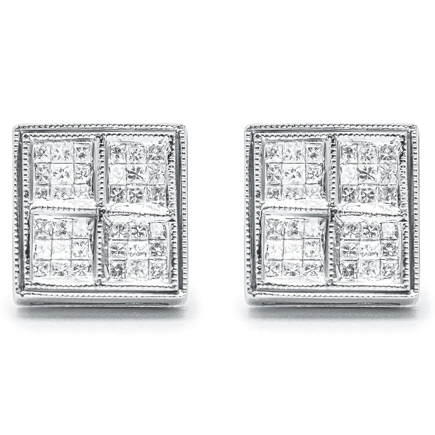 14K White Gold 1/2 Cttw Princess Diamond Composite Box Shape Milgrain Stud Earrings (H-I Color, SI1-SI2 Clarity)