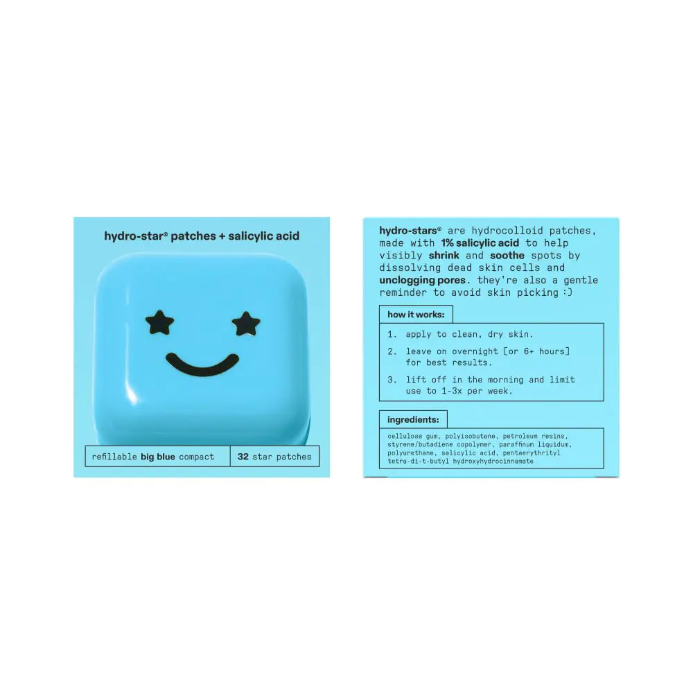 Starface Hydro-Star + Salicylic Acid Pimple Patches and Big Blue Compact, Helps Shrink and Soothe Deeper Spots, Cute Star Shape, Vegan, 32 count Big Blue Compact Hydrocolloid + Salicylic Acid