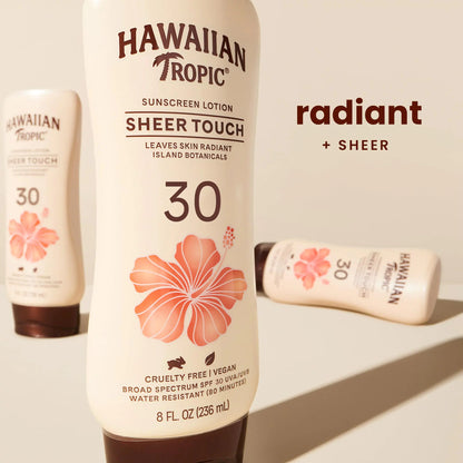 Hawaiian Tropic Sheer Touch Ultra Radiance Lotion päikesekaitsekreem SPF 30, 8 untsi | Hawaiian Tropic päikesekaitsekreem SPF 30, päikesekaitsekreem, laia spektriga päikesekaitsekreem, oksübensoonivaba päikesekaitsekreem, keha päikesekaitsekreem, 8 untsi