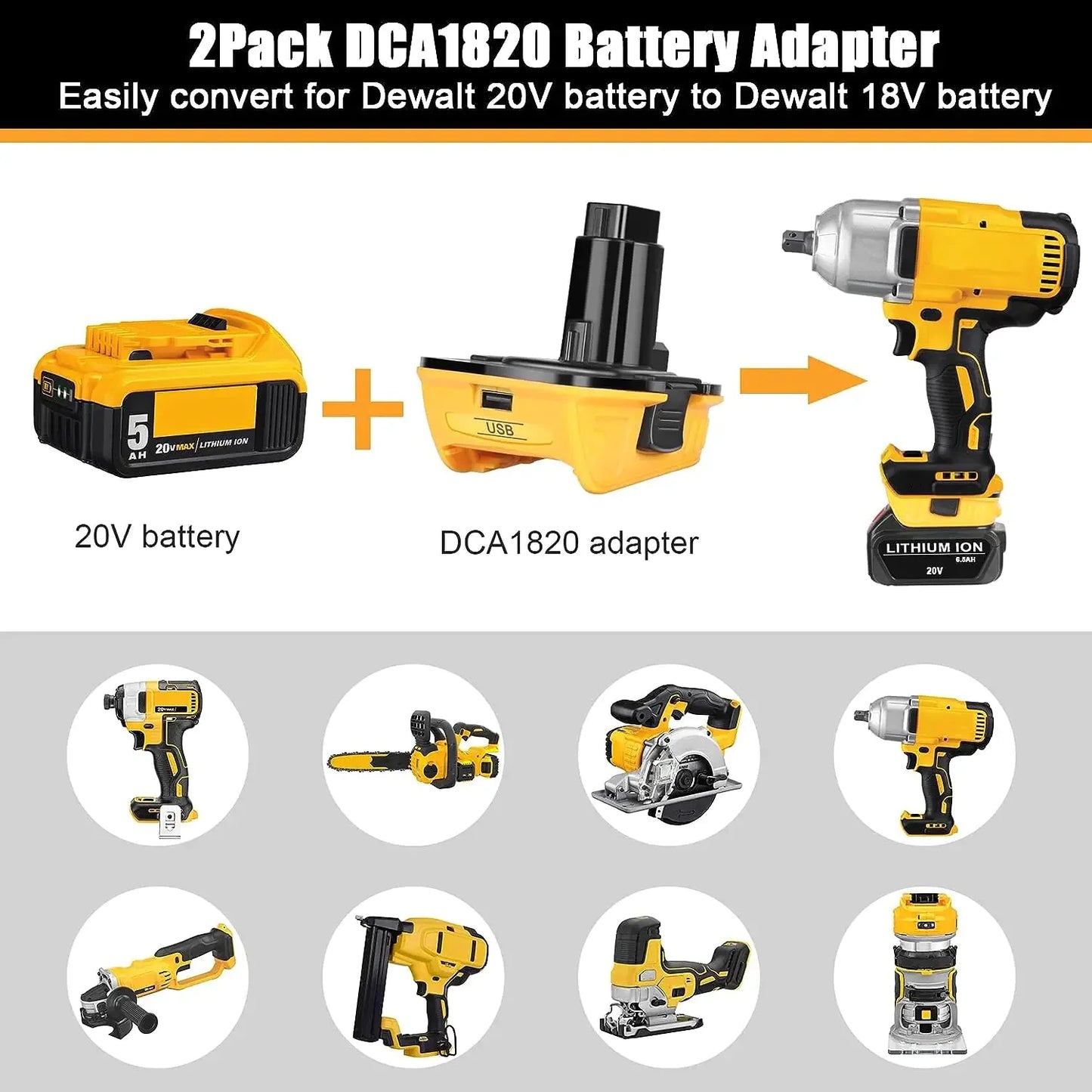 Adaptador convertidor DCA1820 de 2 x 18 V a 20 V máx. para batería de iones de litio DEWALT de 20 voltios