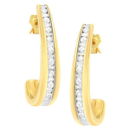 Aretes tipo aro en forma de J de oro amarillo de 10 quilates con diamantes engastados en canal de 1 ct (claridad alta, color I1-I2)