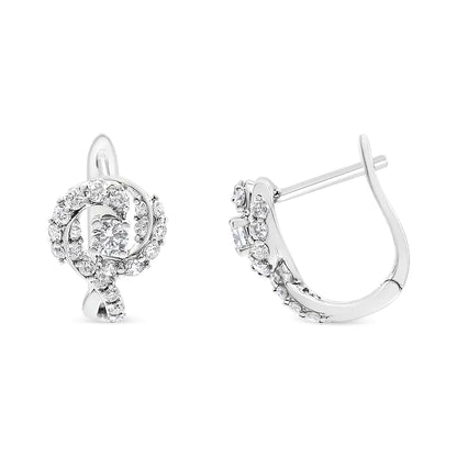 14K White Gold 5/8 Cttw Diamond Solitaire Halo Swirl Huggie Hoop Earrings (J-K Color, SI2-I1 Clarity)