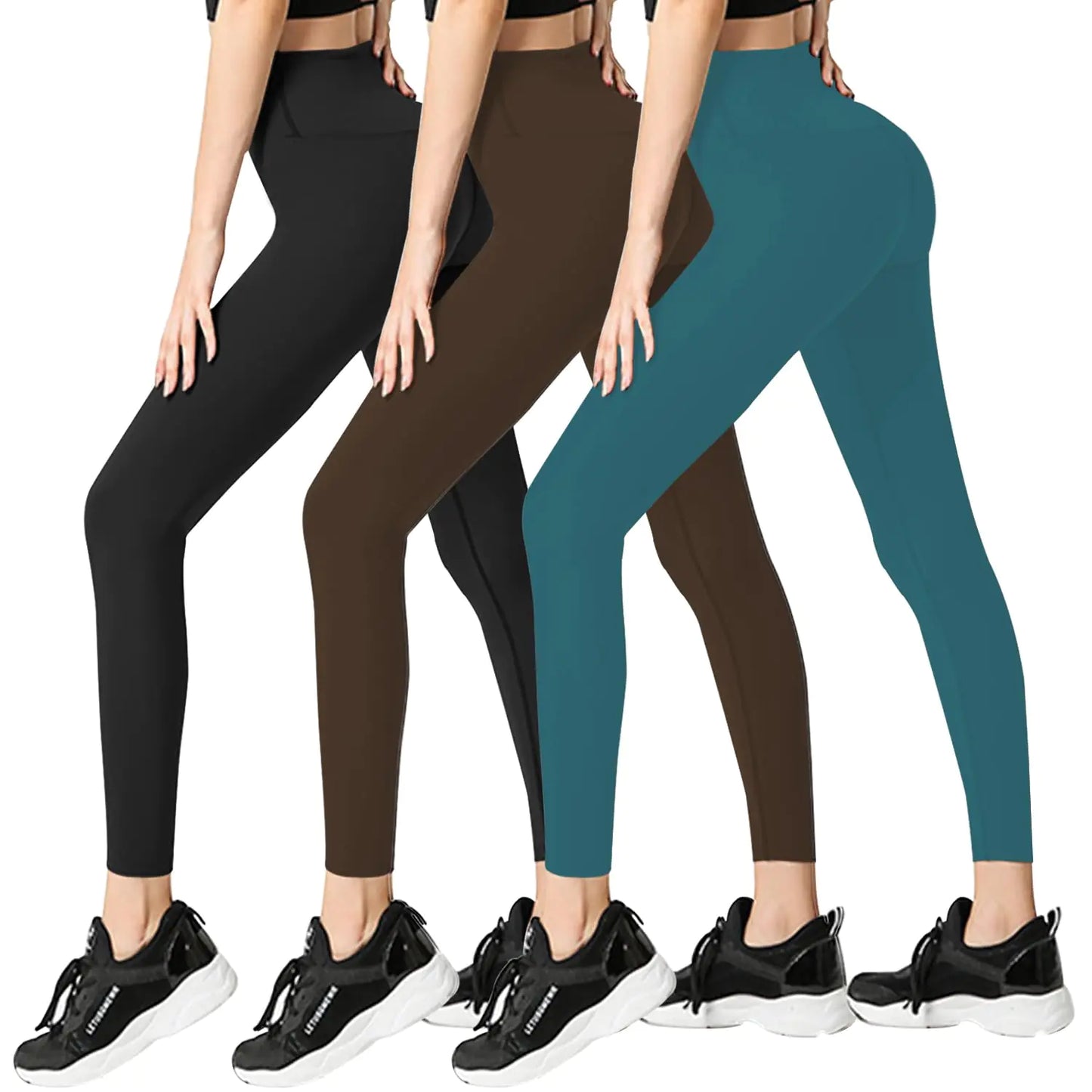 FULLSOFT - Pack de 3 leggings de cintura alta para yoga, control de abdomen, para entrenamiento, atletismo, correr, tallas regulares y grandes (XX-Large-3X-Large), paquete de 3, negro, marrón y verde oscuro