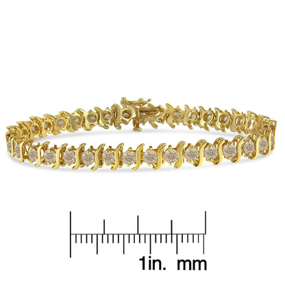 Pulsera de eslabones "S" con diamantes redondos de talla brillante de 7,0 cts, engastados en dos puntas, bañada en oro amarillo de 10 quilates (plata de ley .925, 7") (color JK, claridad I1-I2) - 7"