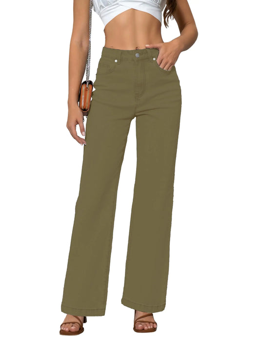 Jeans de mujer, cintura media, pierna recta, holgados, elásticos, ligeros, control de abdomen, modernos, para mujer, 2024, 14, verde militar