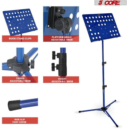 Soporte para Partituras 5Core Portátil, Tripé Ajustável e Dobrável, Soporte para Notas AZUL