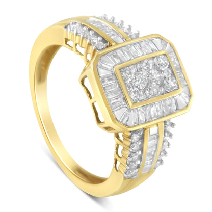 Anillo de cóctel de oro amarillo de 10 quilates con diamantes redondos y talla baguette (1,0 ct, color HI, claridad SI2-I1)