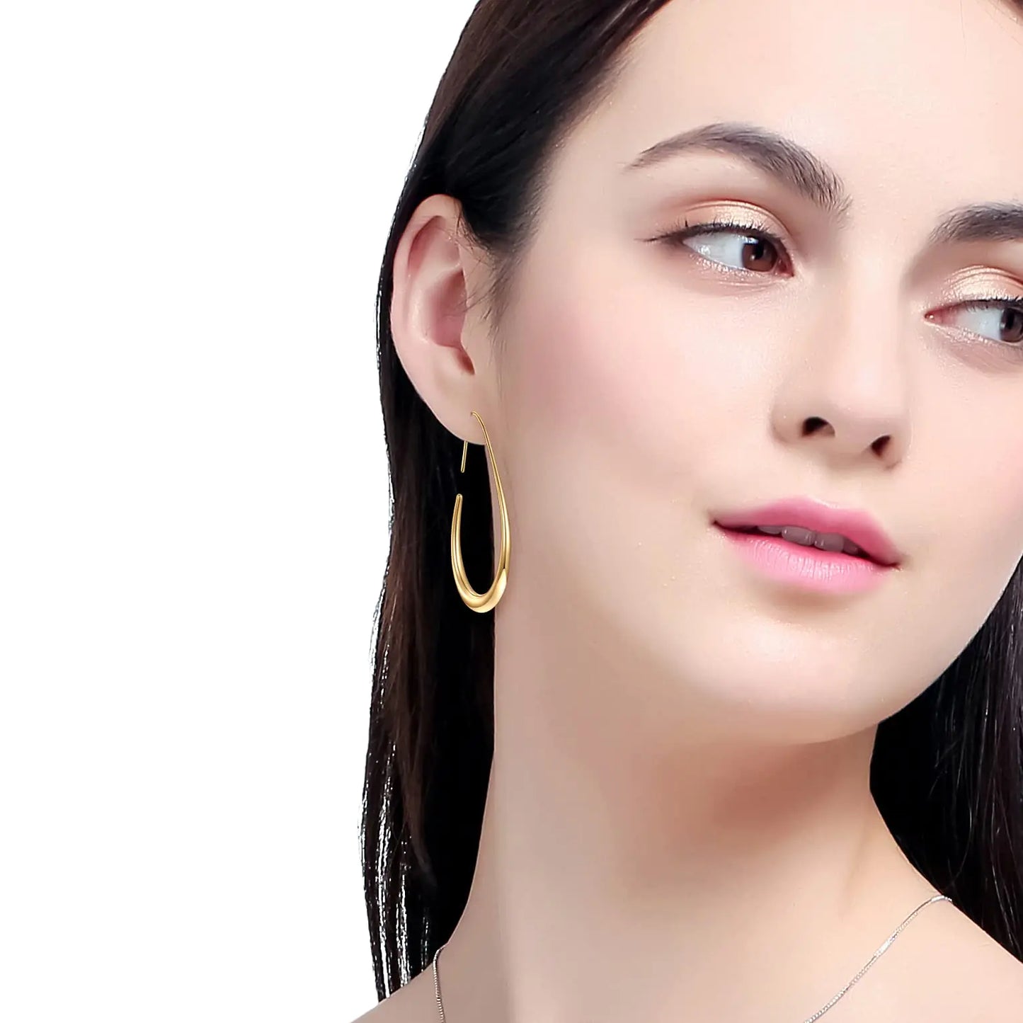 Lightweight Teardrop Hoop Earrings for Women - 14k Gold/White Gold Plated Large Oval Pull Through Hoop Earrings High Polished Statement Jewelry Gift for Women