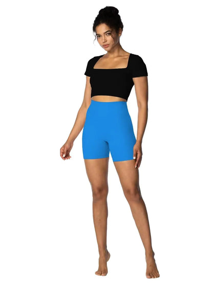 Pantalones cortos Sunzel para mujer, con efecto lifting y efecto oculto, de cintura alta, para entrenamiento en gimnasio, yoga y running, con control de abdomen, entrepierna de 15 cm, talla extra pequeña, azul clásico.