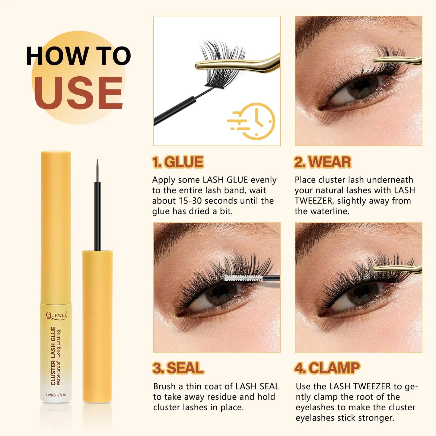 QUEWEL Lash Clusters Bond Eyelash Cluster Lim for DIY vippeforlengelser, 5ML Cluster Lash Lime Vanntett og langvarig, Super Sterkt Hold øyenvippe Cluster Bond Egnet til bruk hele dagen (svart) Bond-Sort