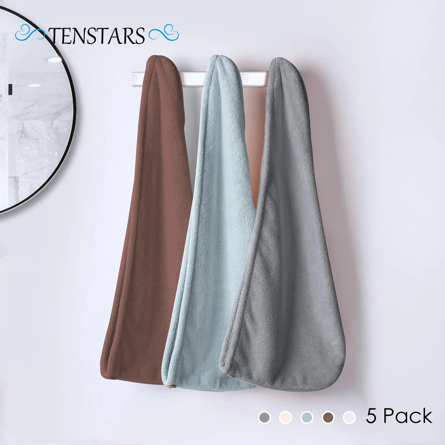 TENSTARS 5 Pack Thicken Microfiber Hair Towel Wrap for Women - Elastic Loop Design - 320GSM Coral Velvet - Quick Dry Hair Turban - 11x28 Inch (Cream+White+Brown+Light Teal+Grey, 5) Cream+white+brown+light Teal+grey TENSTARS Hair Towel Pack