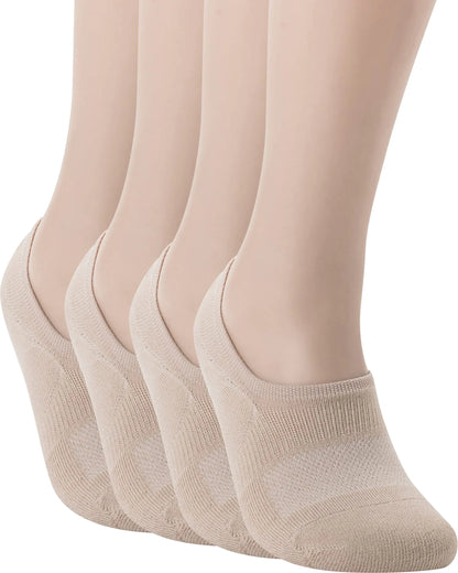 Pro Mountain No Show Socks For Women Men Cotton Cushion Footies Liner S M L XL X-Large Beige 4 Pairs