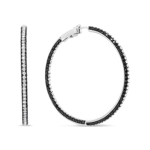 18K White Gold 3 1/4 Cttw Round Black and White Diamond Inside-Outside Hoop Earrings (Black and F-G Color, VS1-VS2 Clarity)