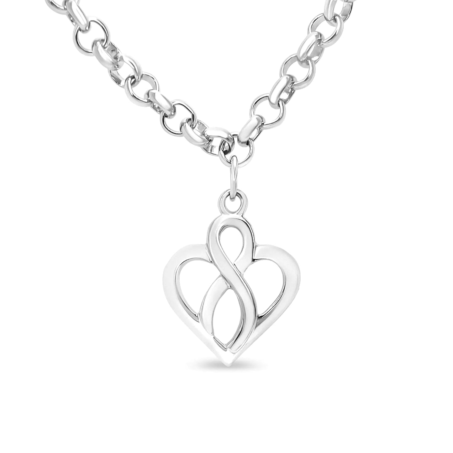 Pulsera de plata de ley 925 con dije de corazón abierto y cadena infinita vertical central - Talla 18 cm