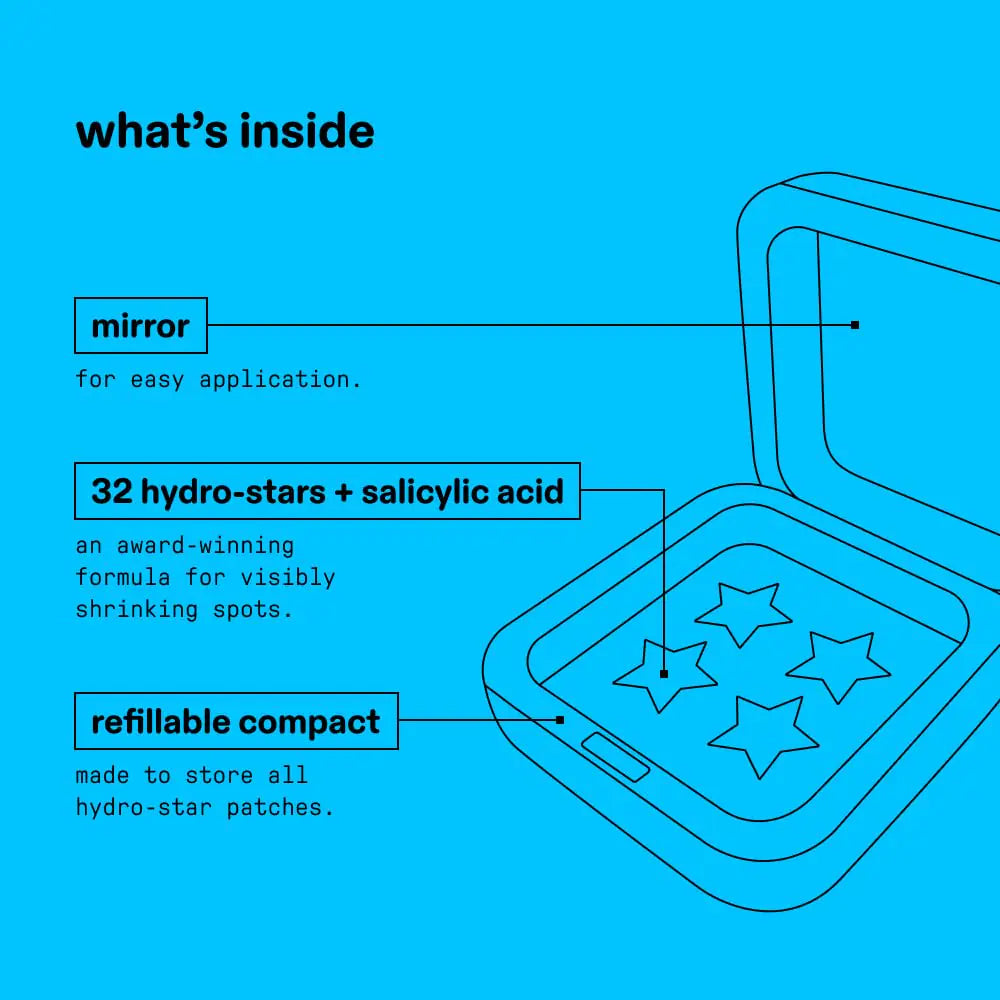 Starface Hydro-Star + salitsüülhappega vistrikuplaastrid ja Big Blue Compact, aitab kahandada ja rahustab sügavamaid kohti, armas tähekuju, vegan, 32 count Big Blue Compact hüdrokolloid + salitsüülhape