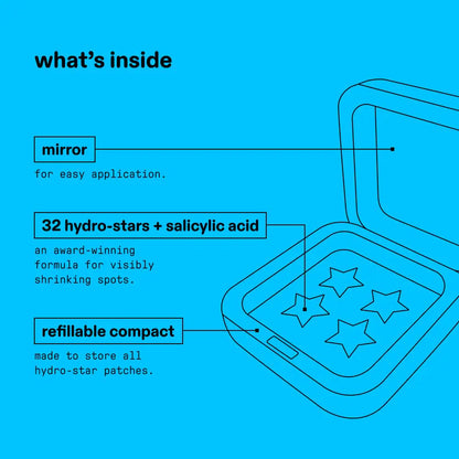 Starface Hydro-Star + 水杨酸痘痘贴和 Big Blue Compact，有助于收缩和舒缓深层斑点，可爱的星形，纯素，32 片 Big Blue Compact 水胶体 + 水杨酸