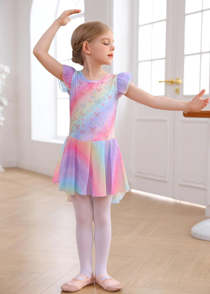 MdnMd Ballet Leotards with Skirt Toddler Girls Dance Ballerina Outfit Dresses Short Sleeve Rainbow Butterfly 4-5T