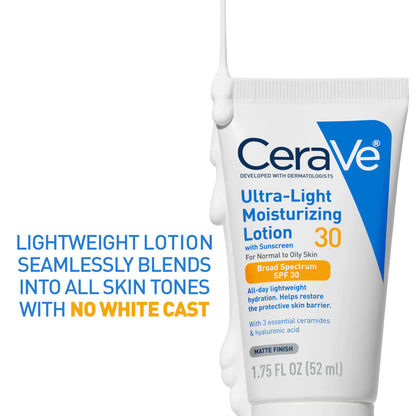 CeraVe Ultra-Light Moisturizing Lotion Med SPF 30| Daglig ansiktsfuktighetskrem med SPF | Formulert med hyaluronsyre og ceramider | Bredt spektrum SPF | Oljefri | Matt finish | 1,7 unse