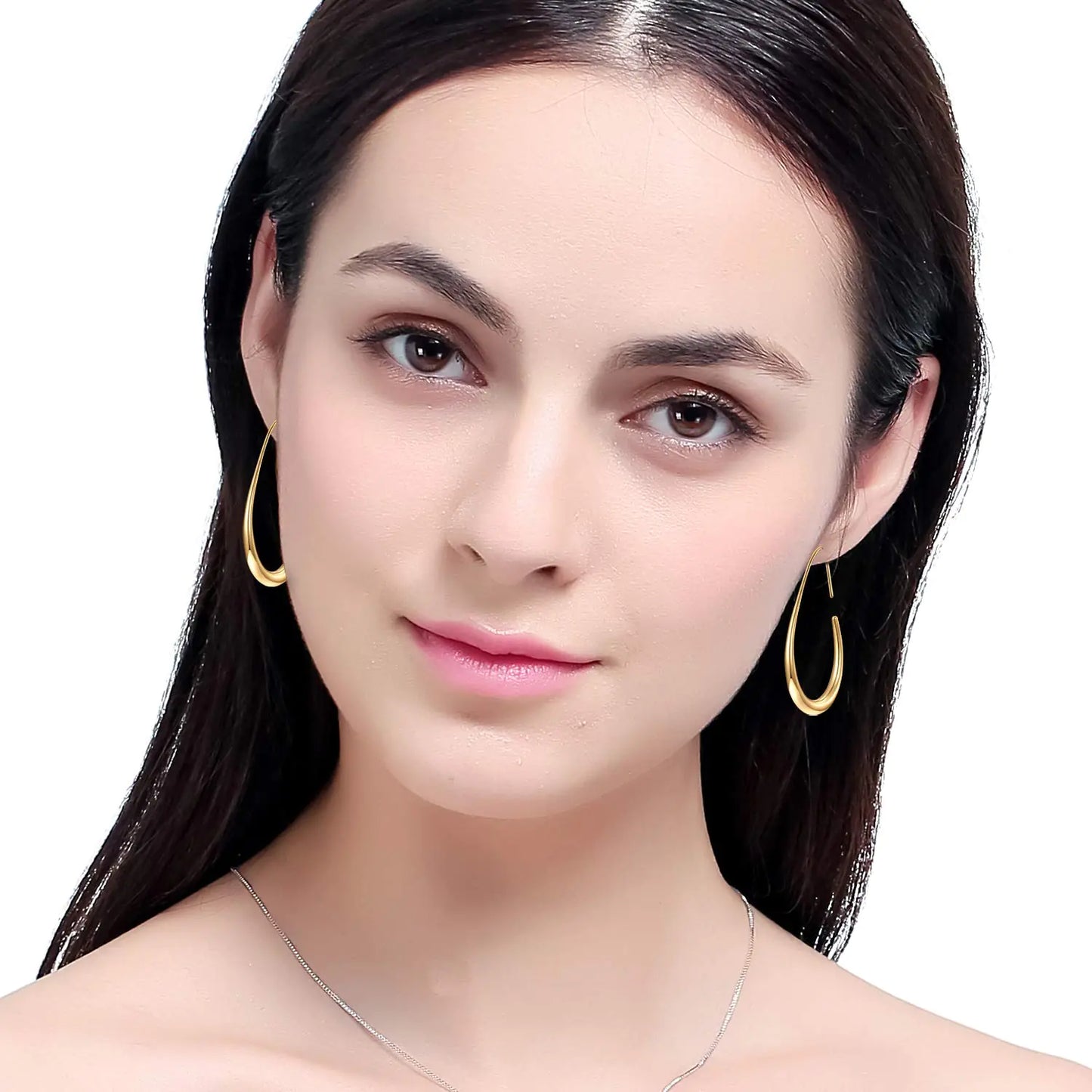 Aros ligeros con forma de lágrima para mujer: grandes aros ovalados con baño de oro blanco de 14 k, joyería llamativa y pulida.