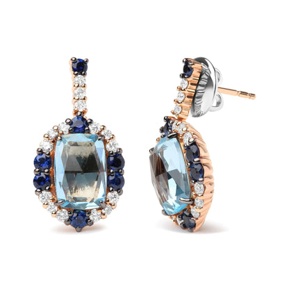 Pendientes colgantes de oro blanco y rosa de 18 quilates con diamantes de 3/4 ct, zafiro azul redondo y topacio azul cielo de talla cojín de 13 x 8 mm (color GH, claridad SI1-SI2).