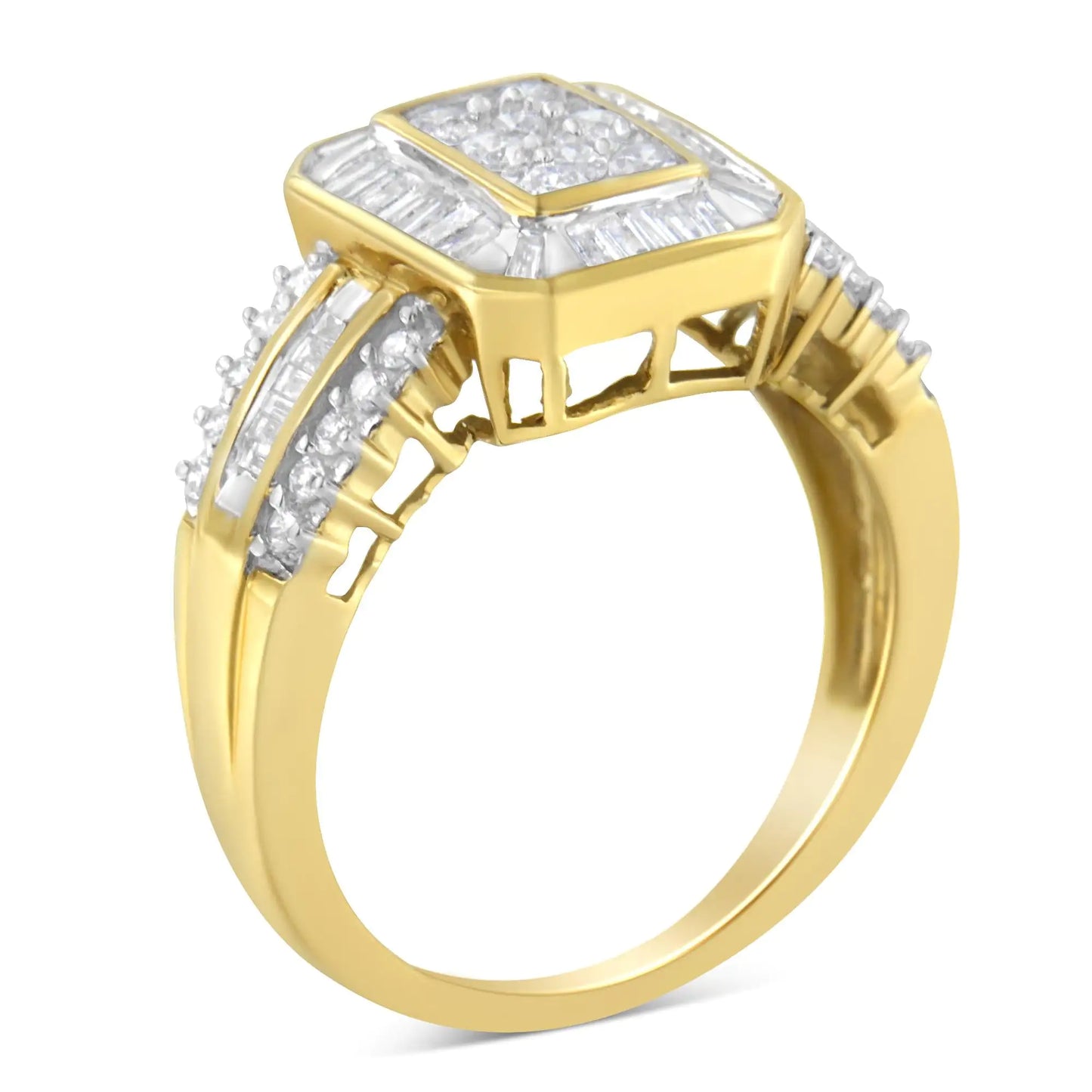 Anillo de cóctel de oro amarillo de 10 quilates con diamantes redondos y talla baguette (1,0 ct, color HI, claridad SI2-I1)