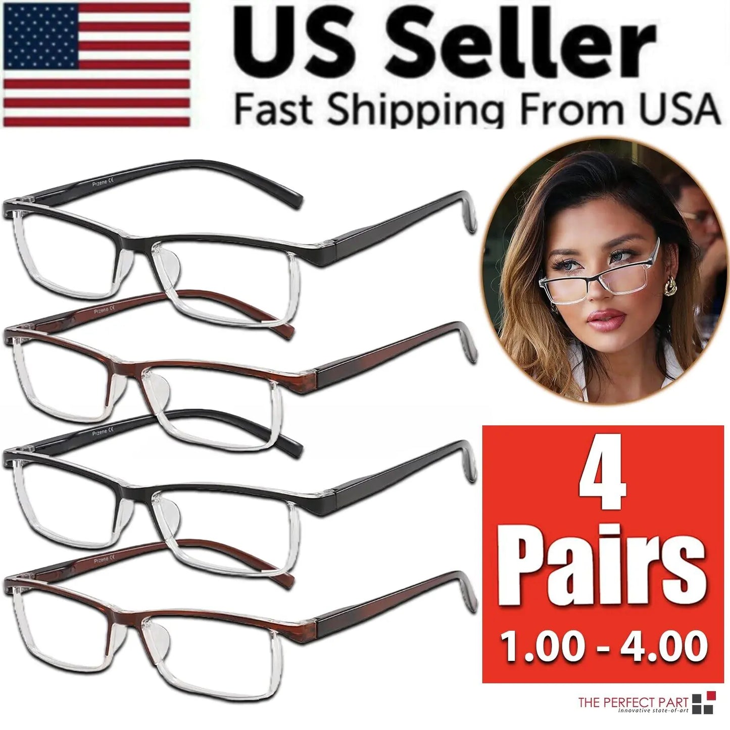 4 Pack Reading Glasses Readers Men Women Square Frame Spring Hinge Unisex Pairs