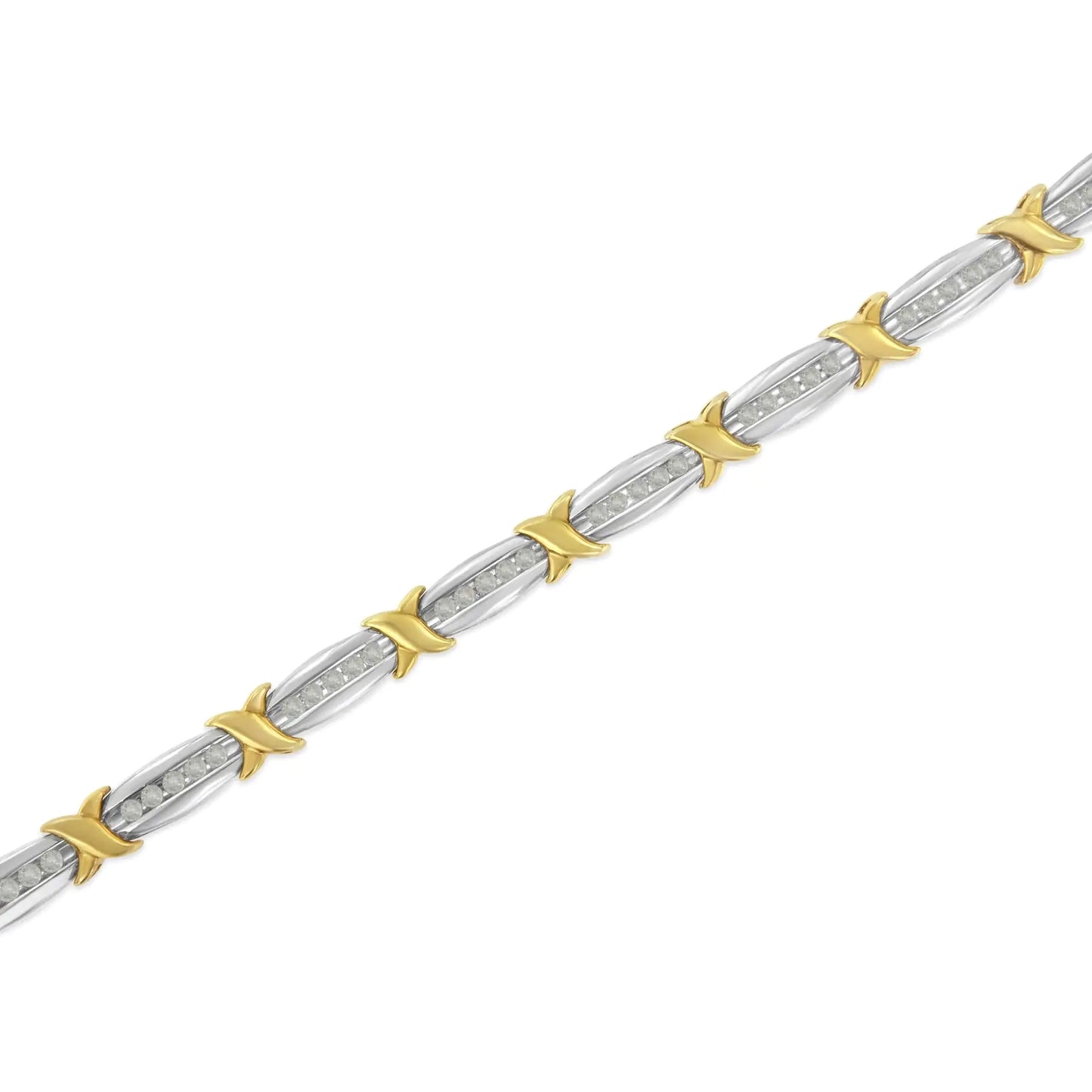 Pulsera de tenis de 18 cm (7"), bicolor, de oro amarillo de 10 quilates sobre plata de ley 0,925, con diamantes de 1,0 ct engastados en canal, de eslabones cónicos y X-Link (color HI, claridad I2-I3)