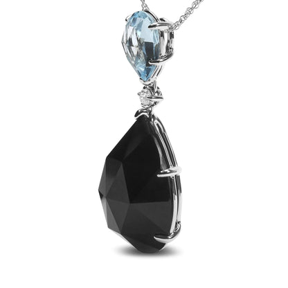 18K White Gold Diamond Accent and Pear Cut Sky Blue Topaz and Pear Cut Black Onyx Dangle Drop 18" Pendant Necklace (G-H Color, SI1-SI2 Clarity)