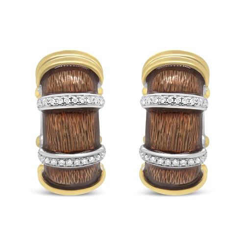 18K Yellow and White Gold Flash Plated .925 Sterling Silver Clear Brown Enamel 9/10 Cttw Round Diamonds Huggie Hoop Earrings (F-G Color, VS1-VS2 Clarity)