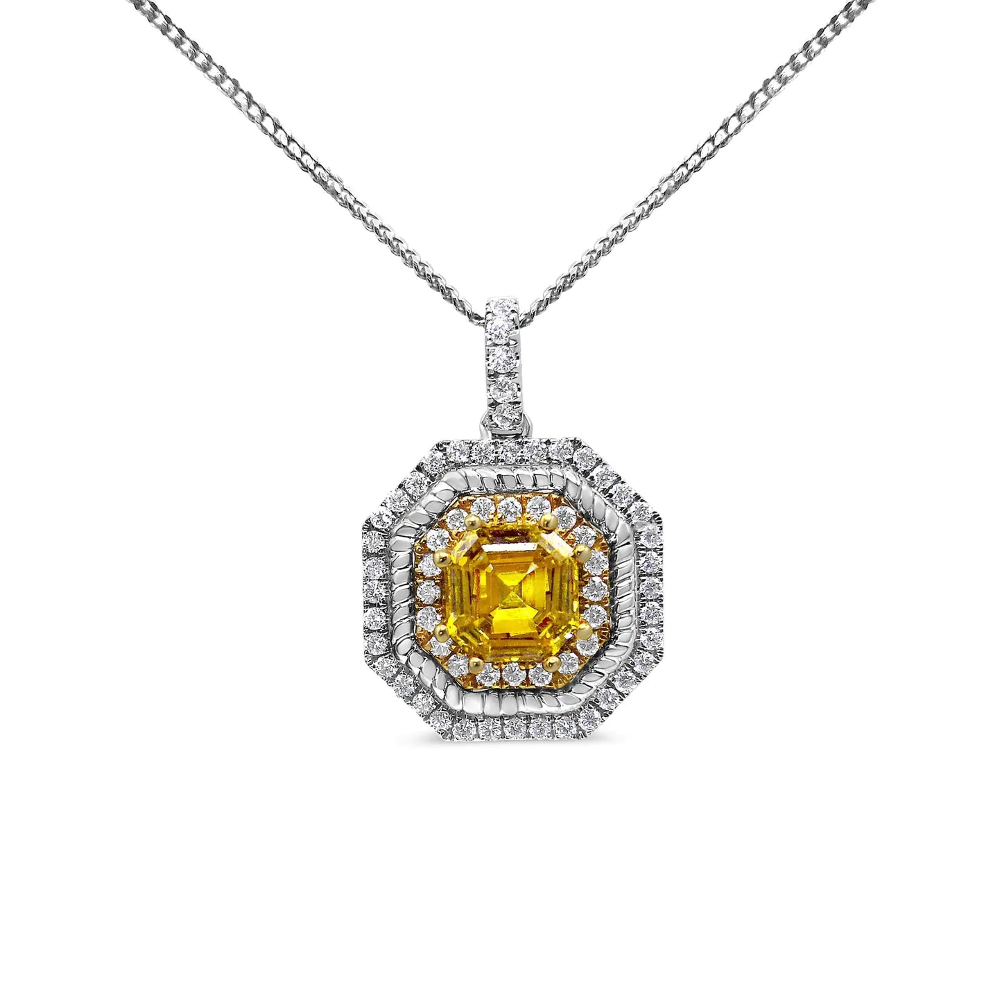 18K Weiß- und Gelbgold 2 1/4 Cttw Laborgezüchteter Gelber Asscher Schliff Diamant Art Deco Stil Halo 18" Anhänger Halskette（Gelb/GH Farbe、VS1-VS2 Reinheit）