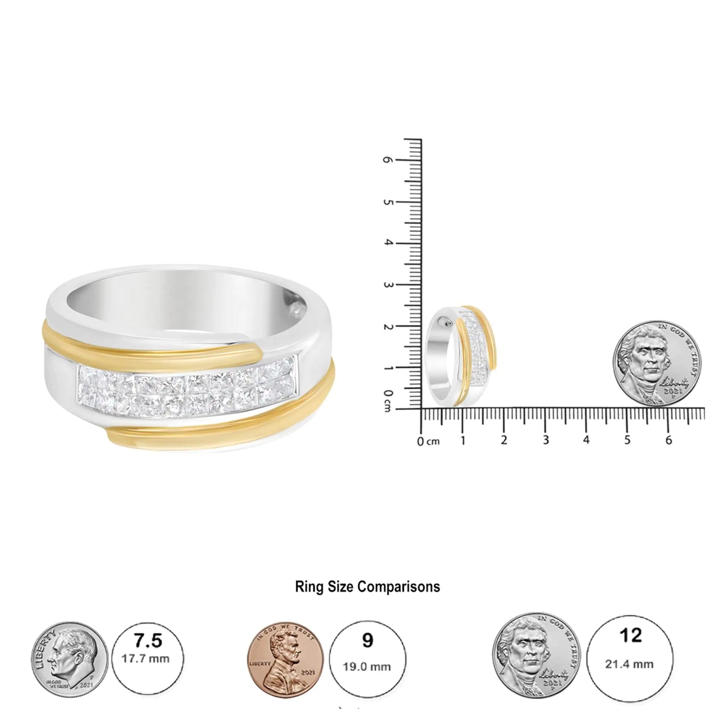 14K gult og hvitt gull 1,00 Cttw Princess-Cut Diamond Modern Gent's Band (HI Color, SI2-I1 Clarity) - størrelse 10