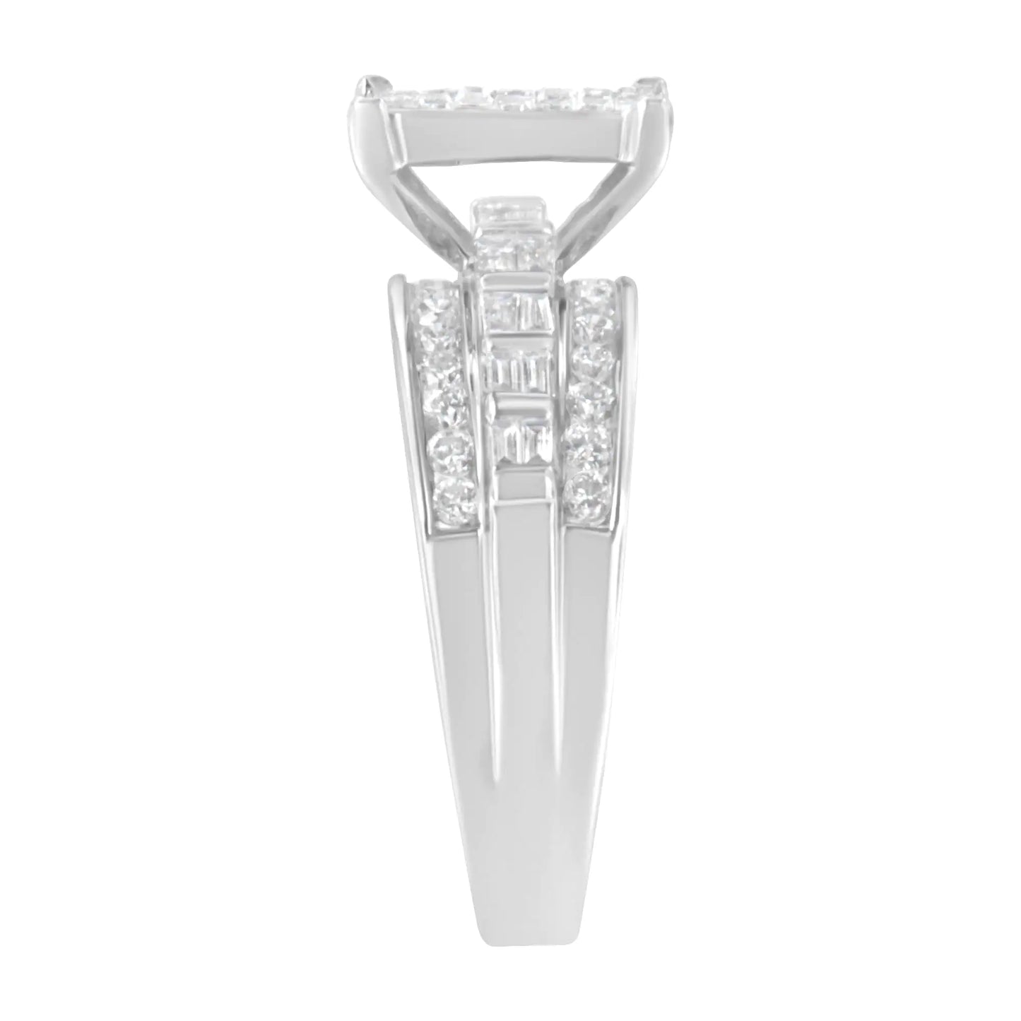 14K White Gold 1.0 Cttw Mixed-Cut Diamond Rectangle Invisible-Set Composite Cluster Ring with Bar- and Channel-Set Band (H-I Color, SI2-I1 Clarity)