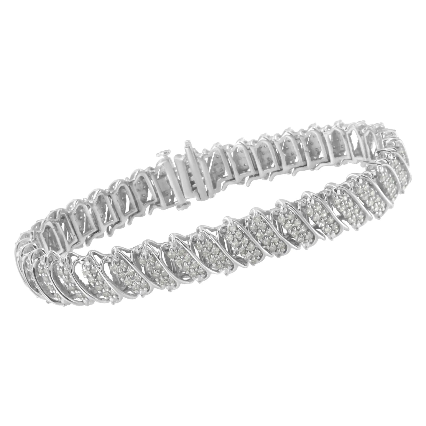 Pulsera de tenis de plata de ley 925 con eslabones ondulados inclinados de 18 cm y 3,0 quilates de diamantes en racimo de varias filas (color IJ, claridad I2-I3)