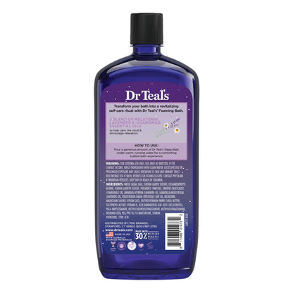 Baño espumoso Dr. Teal's con sales de Epsom puras, mezcla para dormir con melatonina, aceites esenciales de lavanda y manzanilla, 947 ml (paquete de 4) (el empaque puede variar)