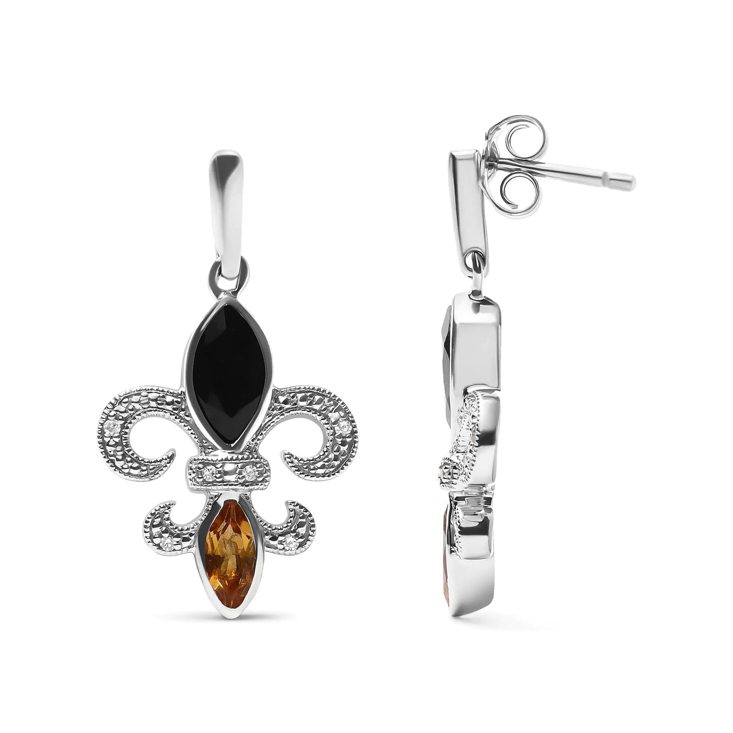 .925 Sterling Silver Marquise lõigatud oonüks ja tsitriin teemantaktsendiga Fleur De Lis Drop Stud kõrvarõngad (HI Color, SI1-SI2 Clarity)