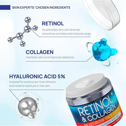 Crema de retinol para rostro, hidratante con colágeno y retinol y ácido hialurónico.